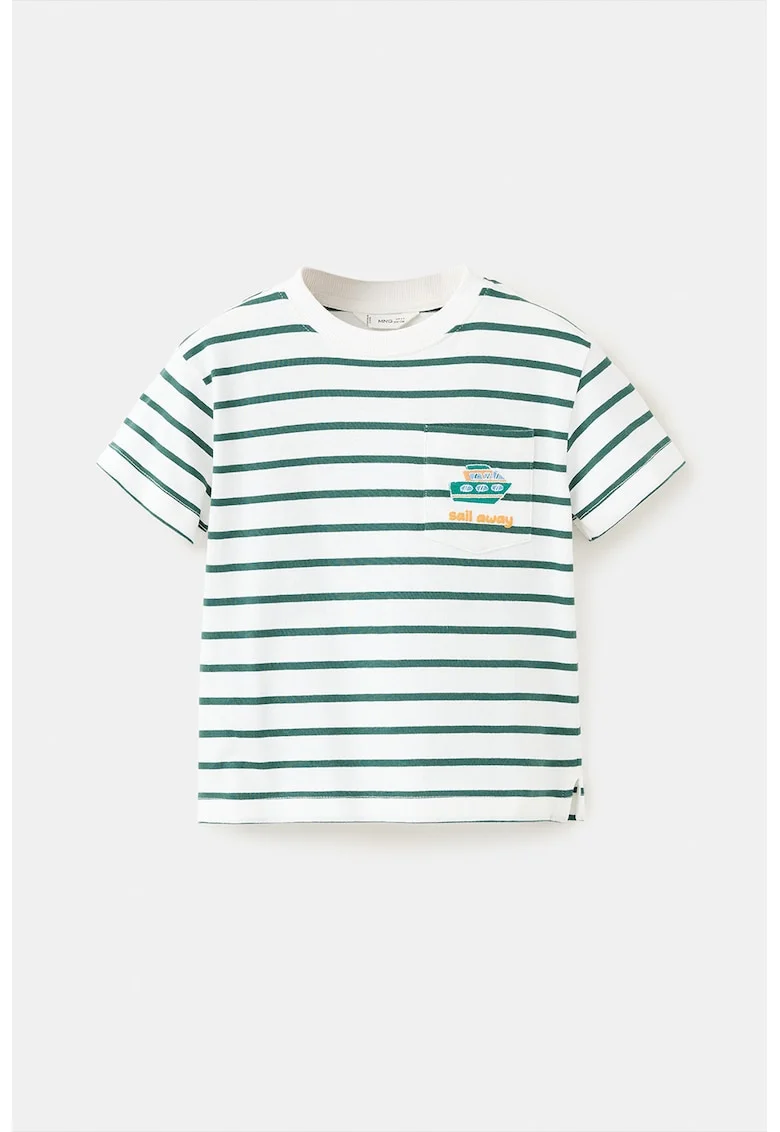 Tricou cu dungi si buzunar pe piept, Verde smarald/Alb optic