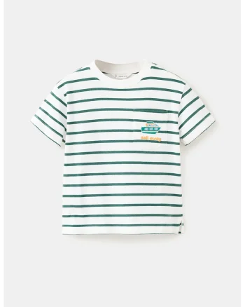 Tricou cu dungi si buzunar pe piept, Verde smarald/Alb optic