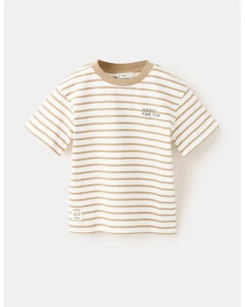 Tricou de bumbac cu dungi, Alb fildes/Crem
