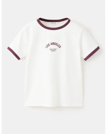 Tricou de bumbac cu decolteu la baza gatului, Visiniu/Alb murdar