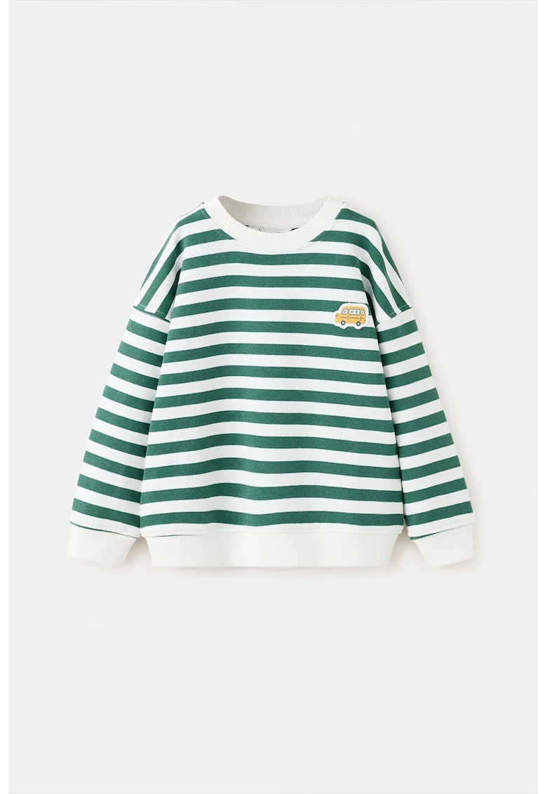 Bluza de trening cu dungi si broderie, Alb optic/Verde iarba