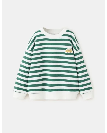 Bluza de trening cu dungi si broderie, Alb optic/Verde iarba