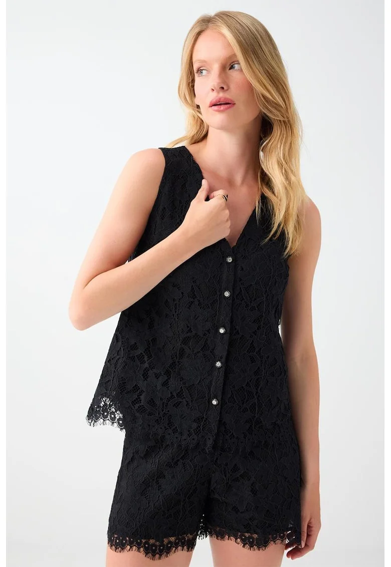 Bluza de dantela, fara maneci, cu decolteu in V, Negru