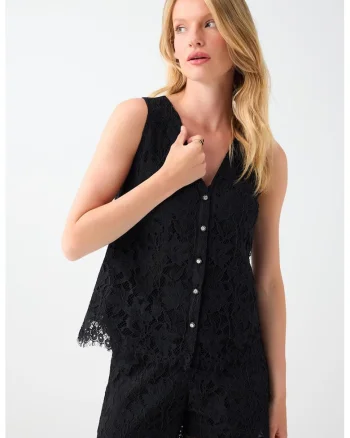 Bluza de dantela, fara maneci, cu decolteu in V, Negru