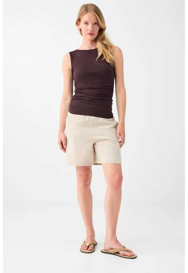 Pantaloni uni din amestec de in, Bej deschis