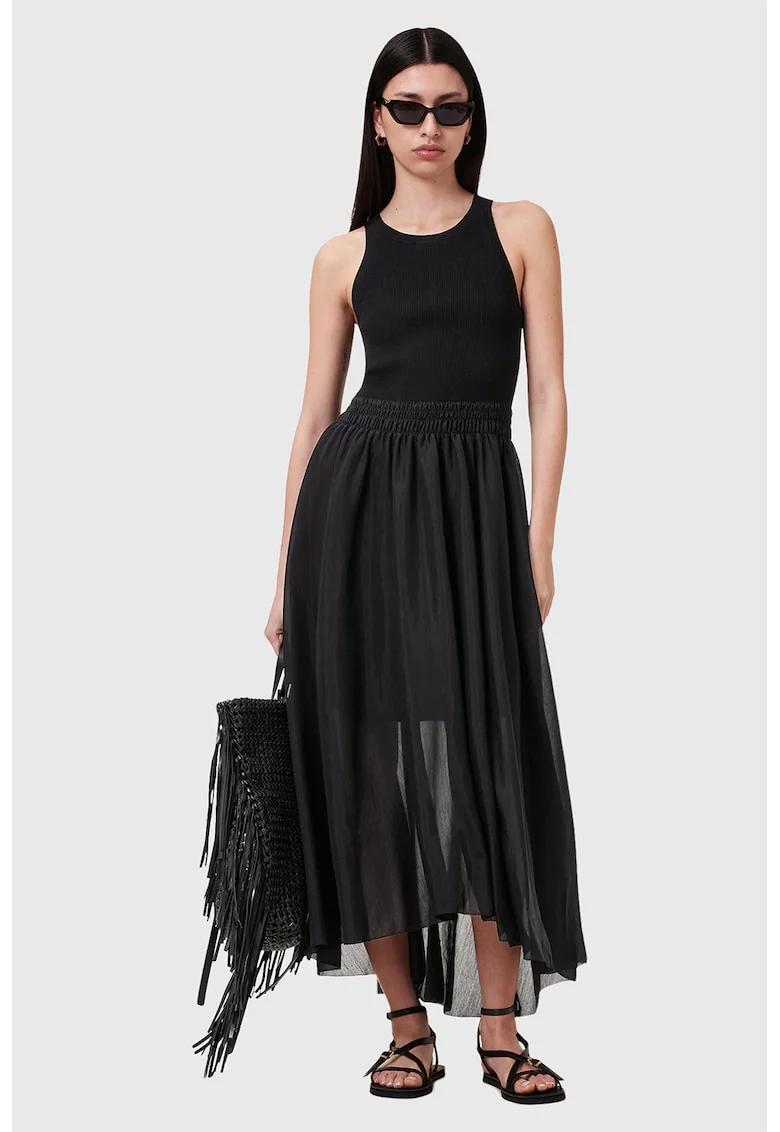 Rochie lunga cu decolteu rotund Zenia, Negru/Transparent