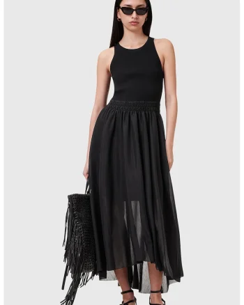 Rochie lunga cu decolteu rotund Zenia, Negru/Transparent