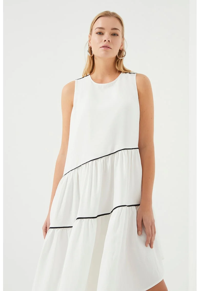Rochie midi asimetrica cu fronseu, Alb/Negru stins