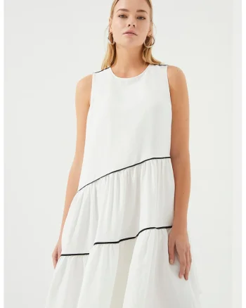 Rochie midi asimetrica cu fronseu, Alb/Negru stins