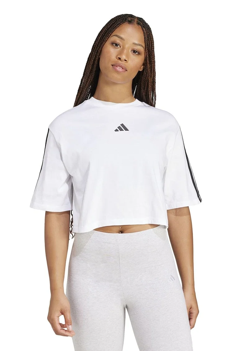 Tricou crop cu croiala lejera si logo, Alb