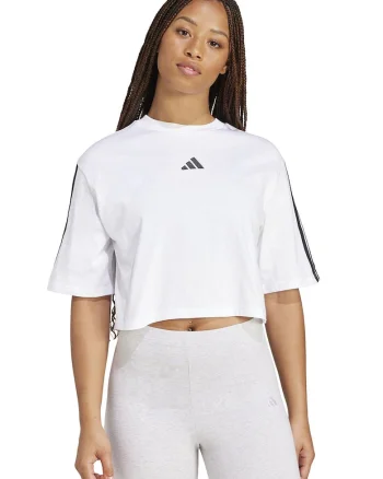 Tricou crop cu croiala lejera si logo, Alb