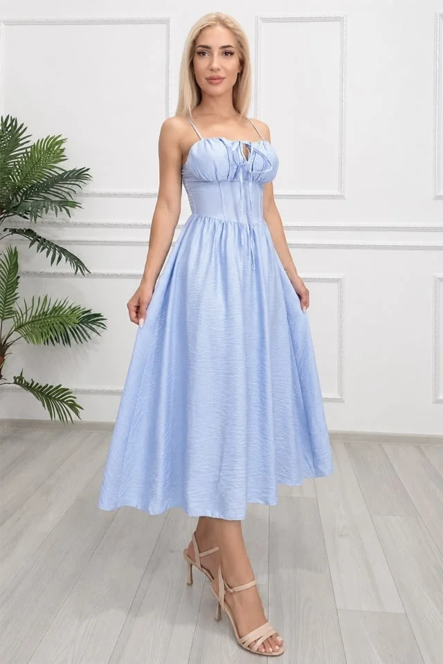 Rochie midi Ariella, cu bretele reglabile si tesatura crinkle, Baby Blue, Marime S/M