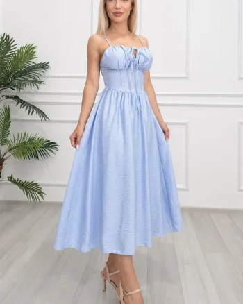 Rochie midi Ariella, cu bretele reglabile si tesatura crinkle, Baby Blue, Marime S/M