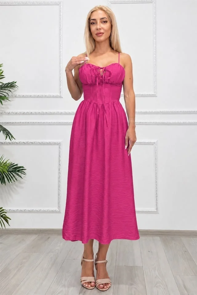 Rochie midi Ariella, cu bretele reglabile si tesatura crinkle, Fucsia, Marime S/M
