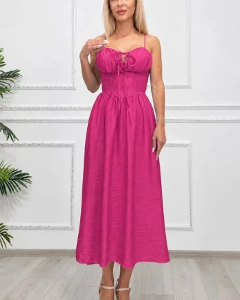 Rochie midi Ariella, cu bretele reglabile si tesatura crinkle, Fucsia, Marime S/M