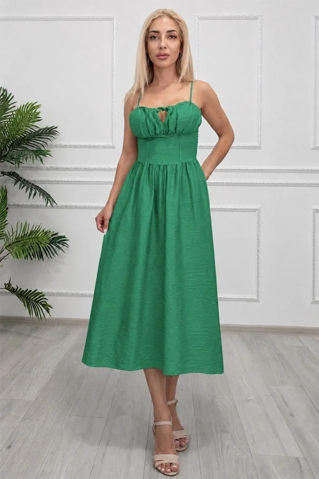 Rochie midi Ariella, cu bretele reglabile si tesatura crinkle, Verde, Marime S/M
