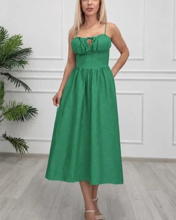 Rochie midi Ariella, cu bretele reglabile si tesatura crinkle, Verde, Marime S/M