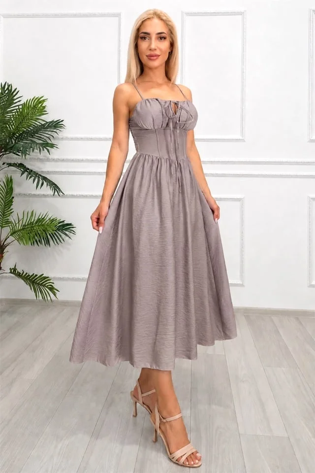 Rochie midi Ariella, cu bretele reglabile si tesatura crinkle, Gri Cappuccino, Marime S/M