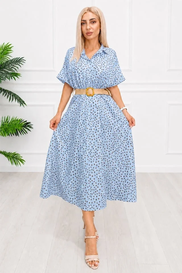 Rochie midi casual EVELISSE, cu guler camasa și curea texturată, Baby Blue, Marime S/M