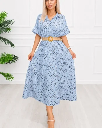 Rochie midi casual EVELISSE, cu guler camasa și curea texturată, Baby Blue, Marime S/M