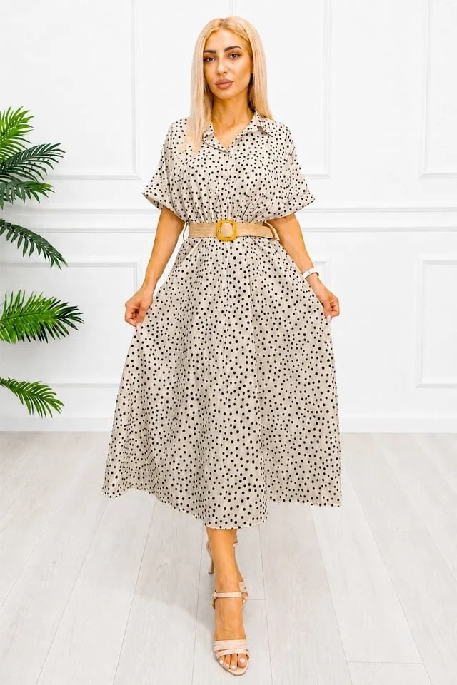 Rochie midi casual EVELISSE, cu guler camasa și curea texturată, BEJ, Marime S/M
