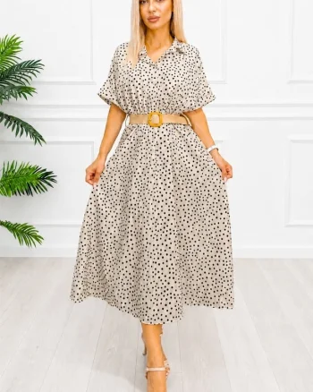 Rochie midi casual EVELISSE, cu guler camasa și curea texturată, BEJ, Marime S/M