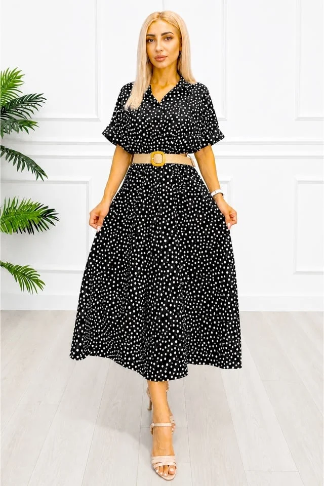 Rochie midi casual EVELISSE, cu guler camasa și curea texturată, Negru, Marime S/M