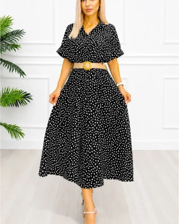 Rochie midi casual EVELISSE, cu guler camasa și curea texturată, Negru, Marime S/M