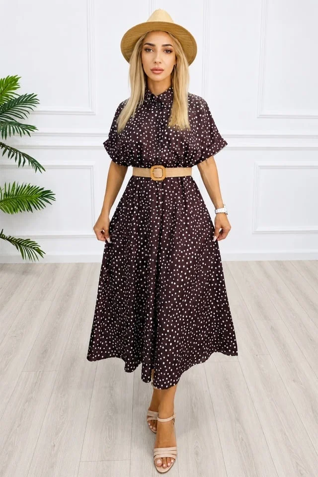 Rochie midi casual EVELISSE, cu guler camasa și curea texturată, Maro Ciocolata, Marime S/M