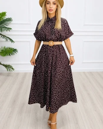 Rochie midi casual EVELISSE, cu guler camasa și curea texturată, Maro Ciocolata, Marime S/M
