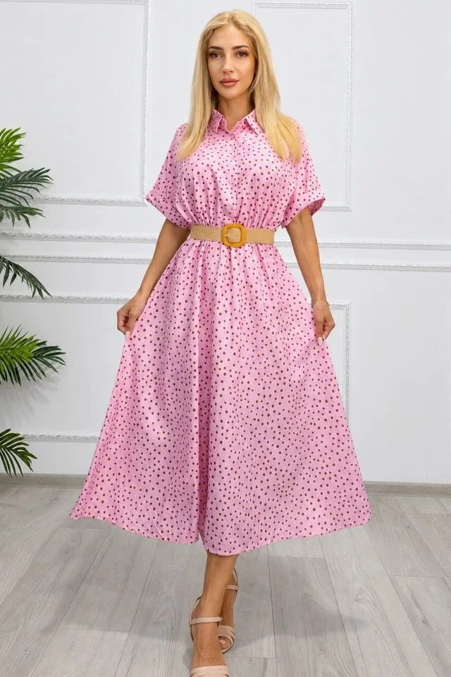 Rochie midi casual EVELISSE, cu guler camasa și curea texturată, Roz, Marime S/M