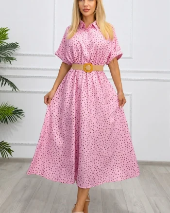 Rochie midi casual EVELISSE, cu guler camasa și curea texturată, Roz, Marime S/M