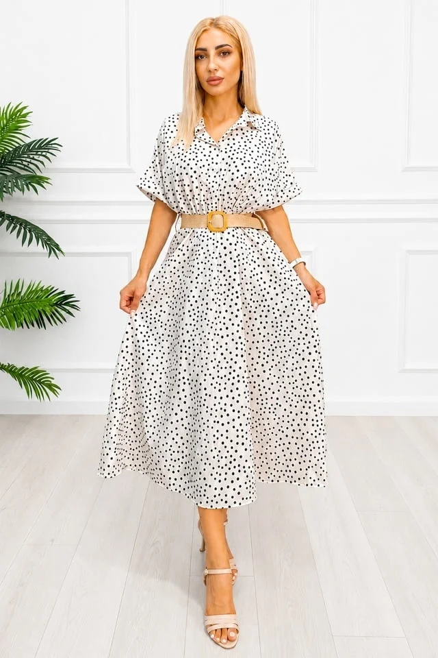 Rochie midi casual EVELISSE, cu guler camasa și curea texturată, Crem, Marime S/M