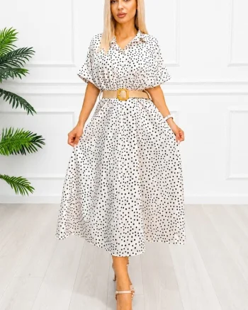 Rochie midi casual EVELISSE, cu guler camasa și curea texturată, Crem, Marime S/M