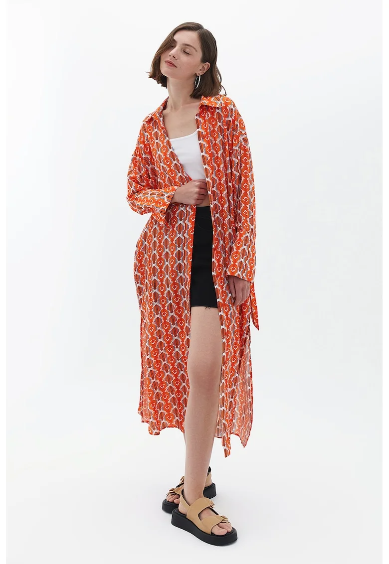 Chimono lung cu nasturi si model, Coral/Albastru prafuit/Alb murdar