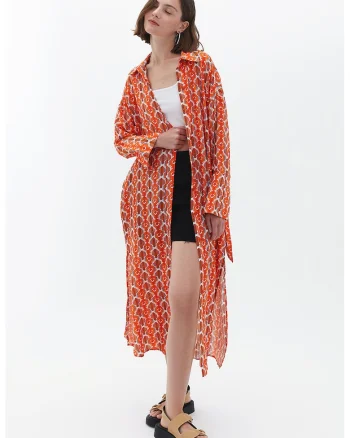 Chimono lung cu nasturi si model, Coral/Albastru prafuit/Alb murdar