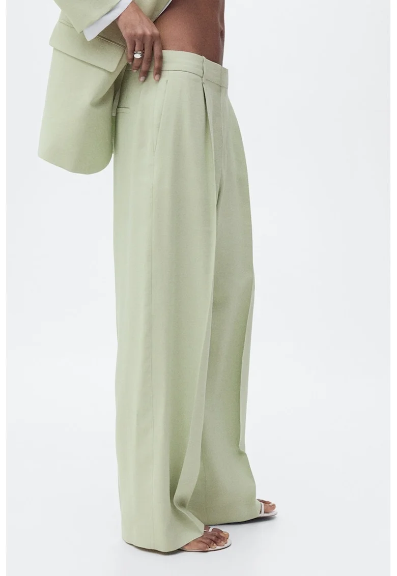 Pantaloni cu talie medie si croiala ampla, Verde pal