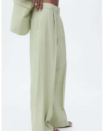 Pantaloni cu talie medie si croiala ampla, Verde pal