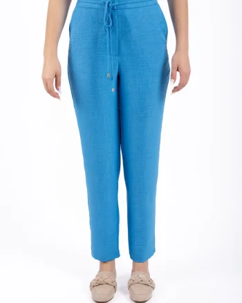 Pantaloni casual bleu din vascoza cu buzunare laterale si snur reglabil