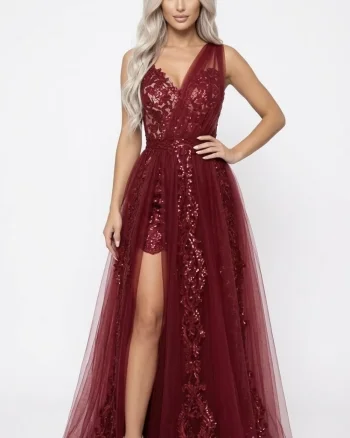 Rochie grena lunga de tull cu broderie pretioasa