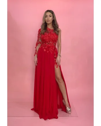 Rochie eleganta din voal de culoare rosie cu broderie florala 3D aplicata manual