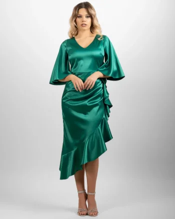 Rochie eleganta verde din material vaporos satinat
