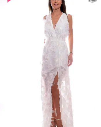 Rochie de ocazie alba lunga cu trena si franjuri