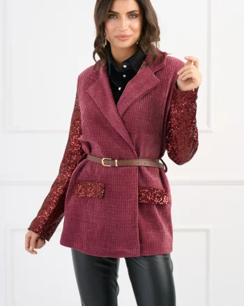 Sacou elegant din velur magenta cu maneci din paiete si curea in talie