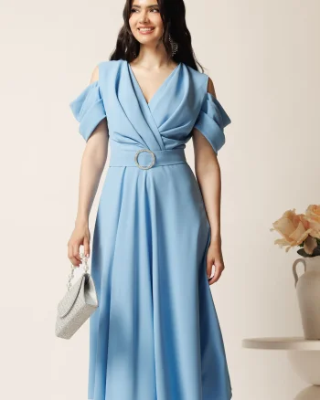 Rochie midi bleu din voal in clos cu decupaje la umeri si cordon in talie- LaDonna
