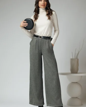 Pantaloni smart casual din stofa gri cu strasuri si curea in talie
