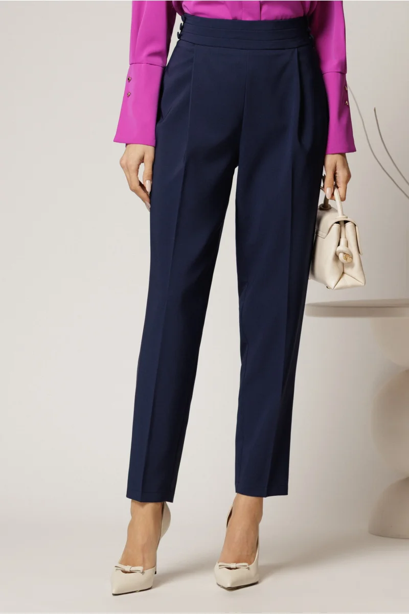 Pantaloni lungi bleumarin croi conic si nasturi pe talie