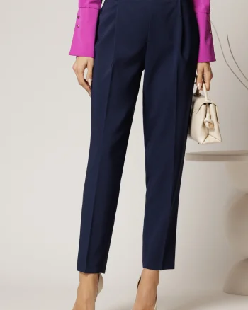 Pantaloni lungi bleumarin croi conic si nasturi pe talie