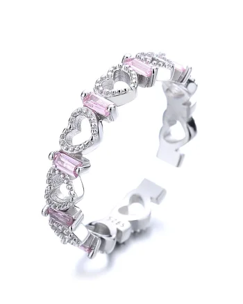 Inel reglabil argint 925, JW887, model inimioare cu zirconiu roz, placat cu rodiu