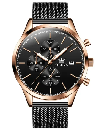Ceas barbatesc Olevs CS1654, otel inoxidabil, negru-rose gold, cadran negru
